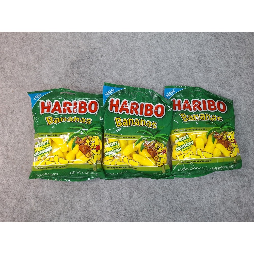 Haribo Bananas Gummi Candy 4oz Bags Lot of 3 New Sealed Soft Crunchy Fruit Snack